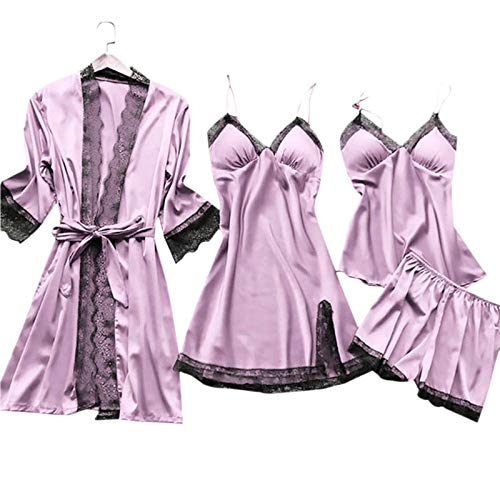 ISCBAFYX Nachthemd Damen Sexy Nachthemd Nachthemden Damen Pyjama-Sets Satin-Nachtwäsche Seide 4-teiliger Nachtwäsche-Pyjama Spaghettiträger Spitze Schlaf-Lounge-Pyjama mit Brustpolstern von ISCBAFYX