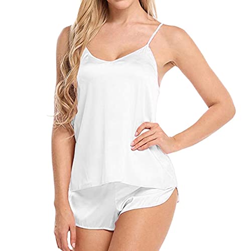 ISCBAFYX Nachthemd Damen Sexy Nachthemd Nachthemden Sexy Nachtwäsche Für Frauen Satin Pyjama Set V-Ausschnitt Seidige Nachtwäsche Pyjamas Ärmelloses Leibchen + Shorts Nachthemd Weibliche Homewear von ISCBAFYX