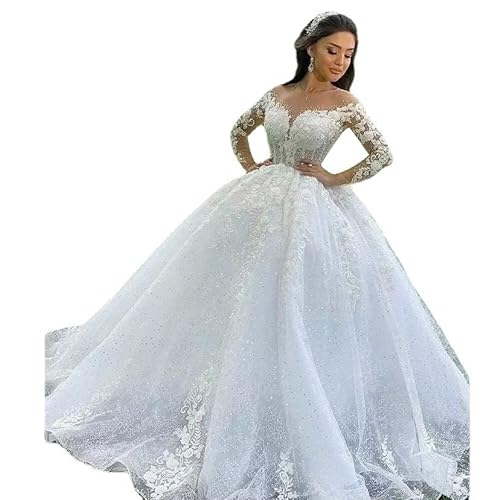 ISCBAFYX Prinzessin Ballkleid Brautkleider O-Ausschnitt, Lange Ärmel, Schnürung, Applikationen, Perlen-Brautkleider von ISCBAFYX