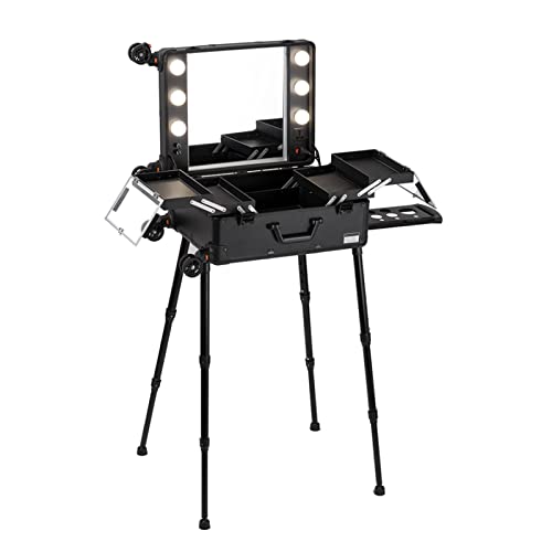 ISCBAFYX Rollbarer Make-up-Zugkoffer, tragbarer Kosmetikwagen, Kosmetikkoffer mit LED-Licht, mit Rädern und Ständern, rollender, beleuchteter Make-up-Waschtisch, schwarzer Aluminium-Trolley, von ISCBAFYX