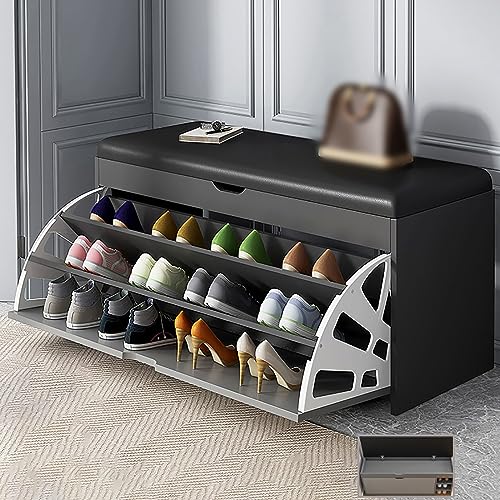 ISCBAFYX Schuhregal, Schuhschrank-Organizer – moderner Schuhschrank für den Eingangsbereich mit Lederkissen – ideal für Absätze, Stiefel, Hausschuhe – freistehendes Kippeimer-Design von ISCBAFYX