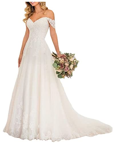 ISCBAFYX Snow Lotus Damen-Hochzeitskleid, schulterfrei, Spitze, A-Linie, Brautkleid von ISCBAFYX