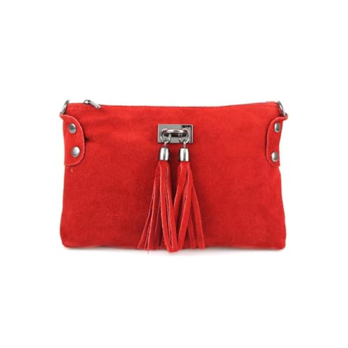 Made in Italy Damen Leder Clutch Tasche Messenger Bag Henkeltasche Wildleder Handtasche Umhängetasche Ledertasche Schultertasche Beuteltasche Fransen Cross-Over Rot von ITALYSHOP24.COM