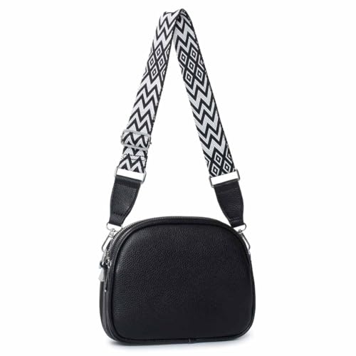 Damen Tasche Crossbody Umhängetasche Gürteltasche Bodybag Schultertasche Crossover Damentasche Kunstleder Handtasche Muster Taschengurt Reise Schwarz Gurt mit Muster von ITALYSHOP24