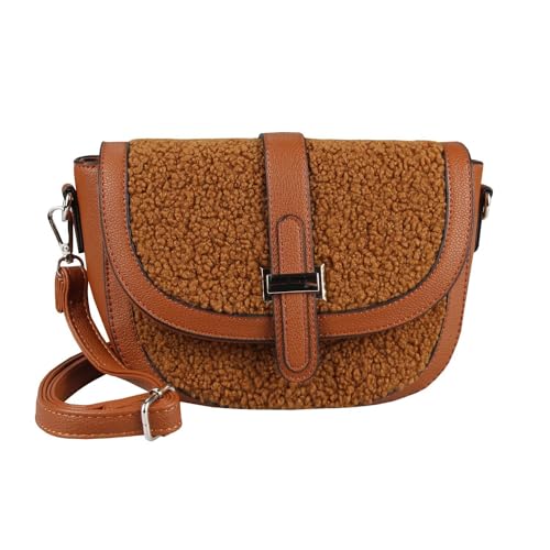 Damen Teddyfell Tasche Schultertasche Crossbody Kunstfell Umhängetasche Crossover Überschlagtasche Bodybag Pelz Fell Plüsch Cognac von ITALYSHOP24