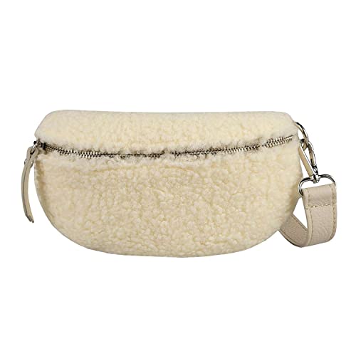 Made in Italy Damen Leder Gürteltasche Crossbody Teddyfell Bauchtasche Hüfttasche Kunstfell Umhängetasche Brusttasche Crossover Bodybag Schultertasche Handytasche Teddy Pelz Fell Plüsch Beige von ITALYSHOP24