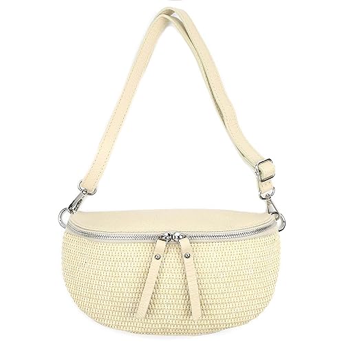 Made in Italy Damen Leder Tasche Basttasche Schultertasche Gürteltasche Sommer Strandtasche Crossbody Bauchtasche Umhängetasche Cross-Over Bodybag Handytasche Geflochten Bast Abendtasche Beige von ITALYSHOP24