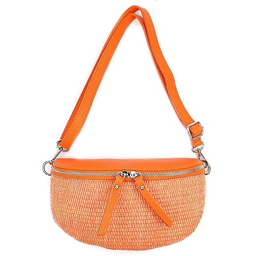 Made in Italy Damen Leder Tasche Basttasche Schultertasche Gürteltasche Sommer Strandtasche Crossbody Bauchtasche Umhängetasche Cross-Over Bodybag Handytasche Geflochten Bast Abendtasche Orange von ITALYSHOP24