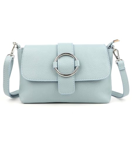 Made in Italy Damen Leder Tasche Umhängetasche Cross Over Body Messenger Bag Echtleder Ledertasche Schultertasche Brusttasche Hüfttasche Gürteltasche Clutch Abendtasche Hellblau von ITALYSHOP24