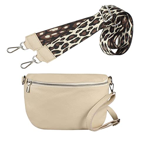 Made in Italy OBC DAMEN SET Gürteltasche + Schultergurt LEDER Crossbody Hüfttasche Bauchtasche Umhängetasche Brusttasche CrossOver Bodybag Schultertasche Handytasche Geldtasche Beige M (27cm) + Gürtel von ITALYSHOP24