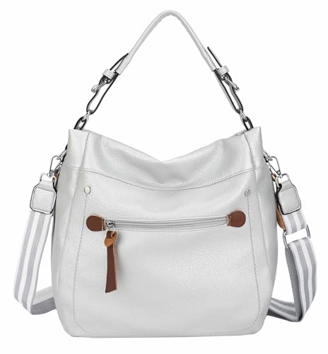 OBC Damen Tasche Shopper Hobo-Bag Schultertasche Umhängetasche Handtasche Crossover Reisetasche Beuteltasche Leder Optik Silber von ITALYSHOP24