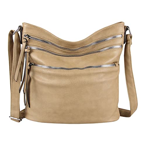 OBC Damen Tasche Shopper Schultertasche Umhängetasche Crossover Crossbody Henkeltasche Beuteltasche Handtasche City Bag Reise Kunst-Leder Taupe von ITALYSHOP24