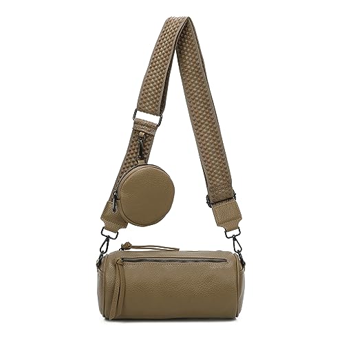 OBC Damen Zylinder Crossbody Tasche Umhängetasche Schultertasche Handtasche Gürteltasche Handytasche Bucket Bag Retro Vintage Messenger Taupe von ITALYSHOP24