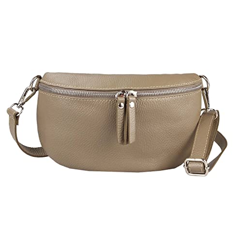 OBC Made in Italy Damen Leder Tasche Handytasche Gürteltasche Crossbody Hüfttasche Bauchtasche Umhängetasche Cross-Over Bodybag Schultertasche Kosmetiktasche Taupe von ITALYSHOP24