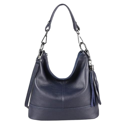 ITALYSHOP24 OBC Made in Italy Damen Leder Tasche Umhängetasche Shopper Schultertasche Handtasche Crossbody City Bag Crossover Ledertasche Damentasche Fransen Dunkelblau von ITALYSHOP24