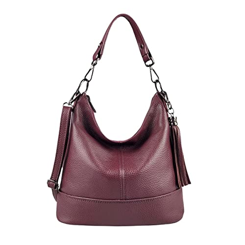 OBC Made in Italy Damen Leder Tasche Umhängetasche Shopper Schultertasche Handtasche Crossbody Hobo Bag Crossover Ledertasche Damentasche Fransen Bordo von ITALYSHOP24