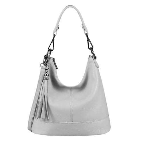 OBC Made in Italy Damen Leder Tasche Umhängetasche Shopper Schultertasche Handtasche Crossbody Hobo Bag Crossover Ledertasche Damentasche Fransen Hellgrau von ITALYSHOP24