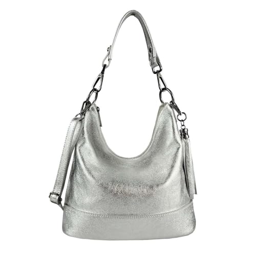 OBC Made in Italy Damen Leder Tasche Umhängetasche Shopper Schultertasche Handtasche Crossbody Hobo Bag Crossover Ledertasche Damentasche Fransen Silber OBC Made in Italy Damen Leder Tasche Umhängetasche Shopper Schultertasche Handtasche Crossbody Hobo Bag Crossover Ledertasche Damentasche Fransen Silber von ITALYSHOP24