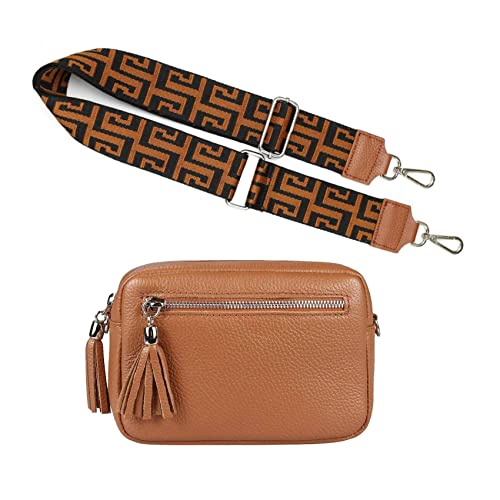 OBC Made in Italy Damen Leder Tasche mit extra breitem Zusatz Tragegurt Umhängetasche Schultertasche Beuteltasche Cross-Over Cross Bag Glattleder Schmucktasche Fransen Ledertasche Cognac OBC Made in Italy Damen Leder Tasche mit extra breitem Zusatz Tragegurt Umhängetasche Schultertasche Beuteltasche Cross-Over Cross Bag Glattleder Schmucktasche Fransen Ledertasche Cognac von ITALYSHOP24