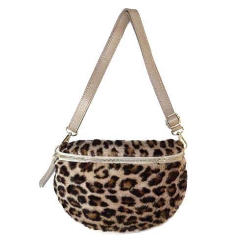 OBC Made in Italy Damen Leoparden Print Tasche Teddyfell Plüsch Brusttasche Bauchtasche Leo Leder Tasche Schultertasche Fell Bodybag Umhängetasche Crossbody Teddyplüsch Taupe von ITALYSHOP24