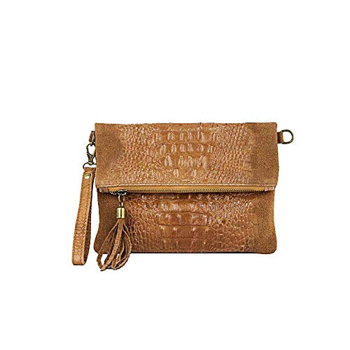 OBC Made in Italy Damen echt Leder Clutch Tasche Kroko Wildleder Handtasche Umhängetasche Ledertasche Schultertasche Fransen Cross-Over Cognac OBC Made in Italy Damen echt Leder Clutch Tasche Kroko Wildleder Handtasche Umhängetasche Ledertasche Schultertasche Fransen Cross-Over Cognac von ITALYSHOP24COM