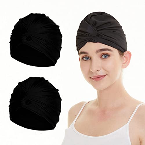 2X Schwimmkappe Damen Turban Badekappe Ohrenschutz Badehaube rutschfest Swimming Cap Retro Schwimmhaube Mädchen Bademütze Elastisch Schwimmmütze Sommer Schwimmkappe für Lange Kurze Haare Schwarz 2Pcs von ITODA