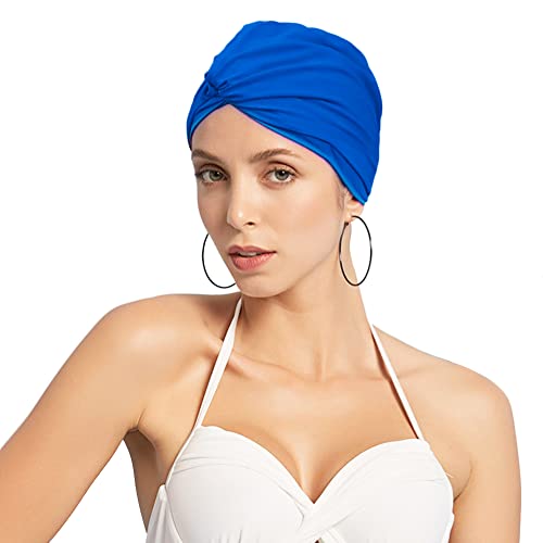 Schwimmkappe Damen Turban Badekappe Ohrenschutz Badehaube rutschfest Swimming Cap Retro Schwimmhaube Mädchen Bademütze Elastisch Schwimmmütze Sommer Schwimmkappe für Lange Kurze Haare Frauen Blau von ITODA