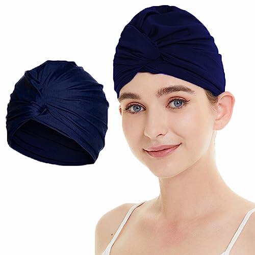 Schwimmkappe Damen Turban Badekappe Ohrenschutz Badehaube rutschfest Swimming Cap Retro Schwimmhaube Mädchen Bademütze Elastisch Schwimmmütze Sommer Schwimmkappe Lange Kurze Haare Frauen Dunkelblau von ITODA