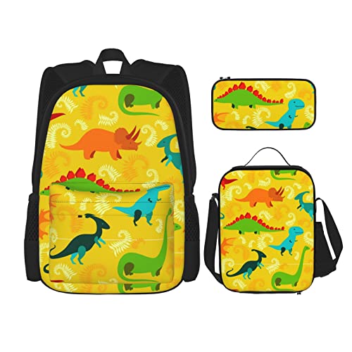 IUBBKI Cartoon Dinosaurier Jungen Mädchen Rucksack Daypack Set 3 Stück Schule Büchertasche Lunchbox Bleistiftbeutel von IUBBKI