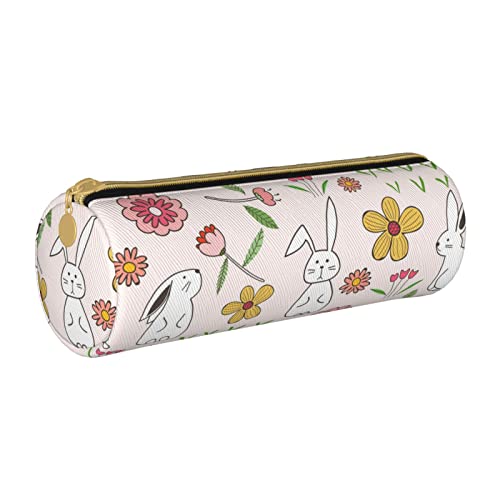 IUBBKI allgobee Leder-Federmäppchen, Hase, Hase, Rosa, Blumenmuster, Ostern-Halter, Box, Make-up-Tasche, Organizer mit Reißverschluss für Schule, Büro von IUBBKI