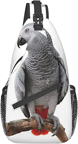 Stilvolle Brusttasche, Papagei, Vogel, Psittacus Erithacus, der auf einem Ast steht, tropische Natur, Tierwelt, Crossbody-Schulterrucksack, verstellbare Brusttasche, leichter, lässiger Tagesrucksack f von IUBBKI