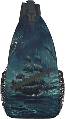 Stilvolle Brusttasche, Piratenschiff, stürmisches Regenwetter, Wellen, Piraten-Vintage-Schiff, Segeln, Ölfarbe, Crossbody-Schulterrucksack, verstellbare Brusttasche, leichter, lässiger Tagesrucksack f von IUBBKI