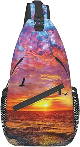 Stilvolle Brusttasche, Strand, Möwe, Meer, Sonnenuntergang, Meereswellen, blauer Himmel, Küstensonnenstrahlen, Crossbody-Schulterrucksack, verstellbare Brusttasche, leichter, lässiger Tagesrucksack fü von IUBBKI