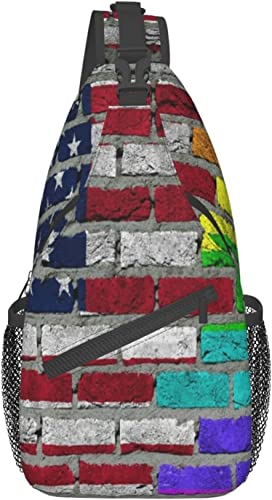 Stilvolle Brusttasche mit amerikanischem Flaggen-Ziegelmauer-Stolzdruck, Crossbody-Schulterrucksack, verstellbare Brusttasche, leicht, lässig, Tagesrucksack für Männer, Frauen, Outdoor-Sportarten, Rad von IUBBKI