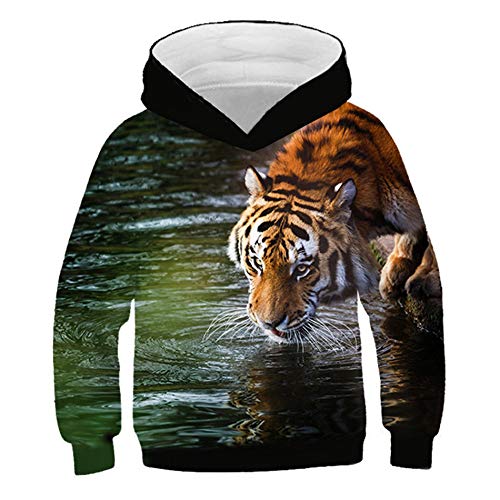 IUERVPS 4-13 Jahre Kinder 3D Hoodies Tier Tiger Wasser Trinken Wolf Pferd Katze Löwe Bedruckt Kinder Pullover Jungen Mädchen Kapuzenpullover(Picture Show TNT-739,100) von IUERVPS