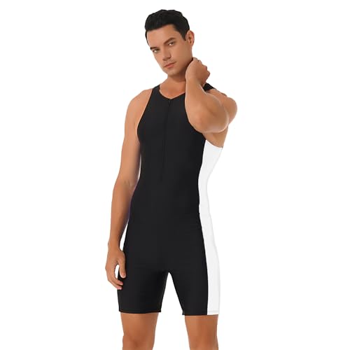 IUERVPS Herren-Badeanzug, einteilig, Badebekleidung, Rundhalsausschnitt, ärmellos, Seitenshorts, Bodysuit, Triathlonanzug for das Schwimmen im Pool am Strand(Black White1,L) von IUERVPS