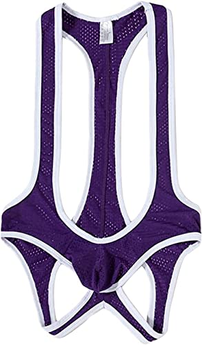 IUERVPS Herren Mesh Turnanzug Unterwäsche Jumpsuits Wrestling Singlet Bodysuit(Purple1,XXL) von IUERVPS