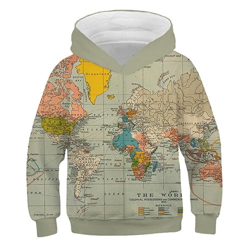 IUERVPS Kapuzenpullover mit 3D-Druck, Weltkarten, Sweatshirts for Jungen und Mädchen, Unisex, mit Kapuze, Vintage-Print, Karten-Sweatshirts for Kinder, langärmeliger Mantel(C,100) von IUERVPS