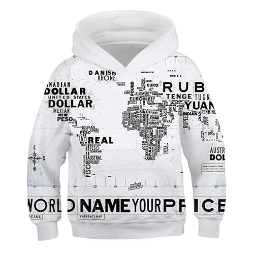 IUERVPS Kapuzenpullover mit 3D-Druck, Weltkarten, Sweatshirts for Jungen und Mädchen, Unisex, mit Kapuze, Vintage-Print, Karten-Sweatshirts for Kinder, langärmeliger Mantel(E,100) von IUERVPS