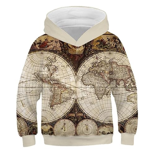 IUERVPS Kapuzenpullover mit 3D-Druck, Weltkarten, Sweatshirts for Jungen und Mädchen, Unisex, mit Kapuze, Vintage-Print, Karten-Sweatshirts for Kinder, langärmeliger Mantel(K,100) von IUERVPS