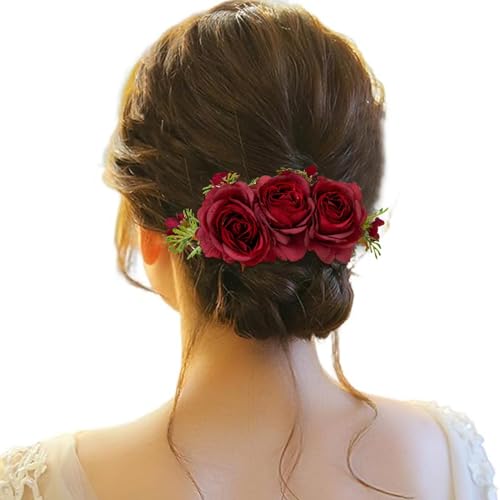 Blumen Haarspange, Haarclip Blumen Mehrfarbig Rosen Haarnadeln Haarschmuck für Mädchen Frauen Party Strand Hochzeit (Wine, One Size) von IUNSER