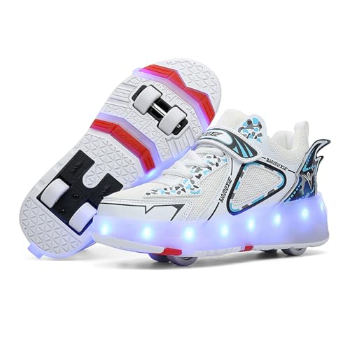 LED-Rollschuhe für Kinder Zweireihig 4 Räder USB Wiederaufladbar Rollschuhschuhe für Kinder Rollschuhe für Mädchen und Jungen,White-37EU von IZADIZADI