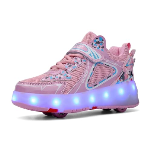 USB Wiederaufladbar Rollschuhschuhe for Mädchen Jungen, Rollschuhschuhe mit 4 Rollen für Kinder, Verstellbare Straßenschuhe zu Rollschuhen mit LED-Blinken,Pink-31EU von IZADIZADI