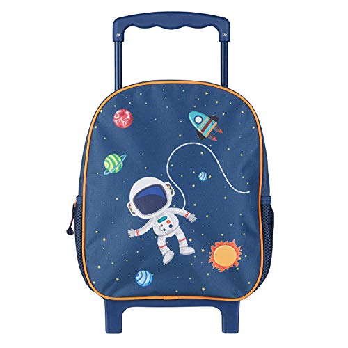 Idena 20068 - Rucksack Trolley mit 2 Glitter Rollen, für Kinder, dunkelblau mit stylischem Astronauten- und Weltraummotiv, als Handgepäckskoffer, Schultrolley und Kinderrucksack, ca. 31 x 27 x 10 cm von Idena