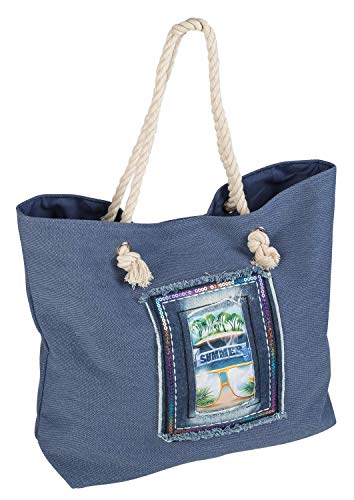 Idena 31016 - Strand-Tasche aus Canvas, Summer blau, ca. 52 x 38 x 13 cm große Trage-Tasche, ideal als Shopper, Schultertasche, für Urlaub, Strand und Picknick von Idena