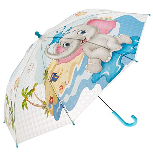 Idena 50046 - Kinderregenschirm für Jungen und Mädchen, mit putzigem Elefantenmotiv auf transparentem Kunststoff, Durchmesser ca. 83 cm, Länge ca. 66 cm von Idena