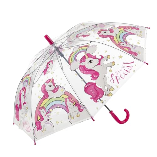 Idena 50115 - Regenschirm für Kinder aus transparentem Kunststoff mit Einhorn Motiv, Stockschirm mit manueller Öffnung, Durchmesser 83 cm und Länge ca. 66 cm von Idena