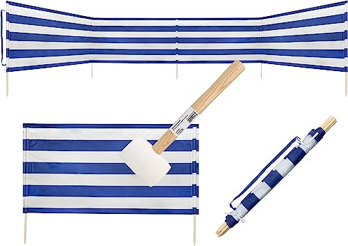Idena - Windschutz in Blau-Weiß inkl. Gummihammer (weiß), mit Holzstäben, Tragegurt und Fixierungsbändern, 80 x 600 cm, Sichtschutz für Strand, Camping und Garten von Idena
