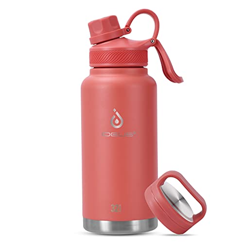 IDEUS Edelstahl Trinkflasche, Isolierte Wasserflasche Thermosflasche Isolierflasche Sport Wasser Flasche mit auslaufsicheren Deckeln (32oz(950ml), Rot) von Ideus