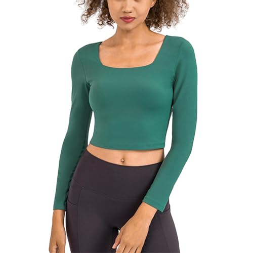 Illkjasfc Workout-Tops für Damen, einfarbig, quadratischer Ausschnitt, bauchfreies Top, langärmelig, Fitnessstudio, athletisch, Yoga, Shirts mit integriertem BH, Geschenk von Illkjasfc